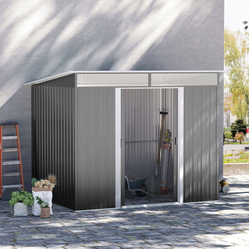 Grey Metal Garden Shed with Double Sliding Doors – Outdoor Tool Organizer for Backyard