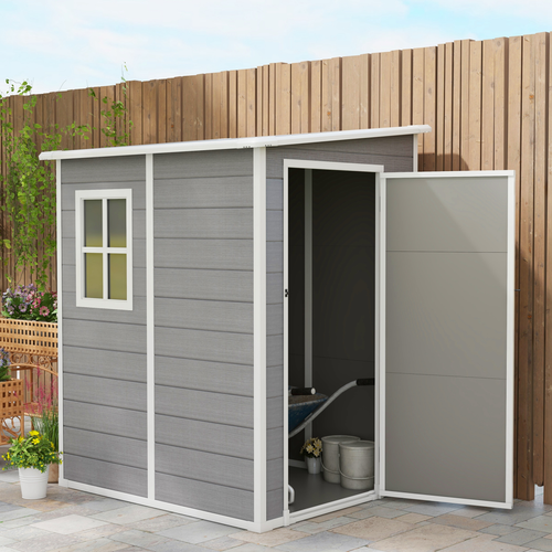 Outsunny 4x5 Lean-to Garden Shed – Plastic Tool Storage House with Lockable Door