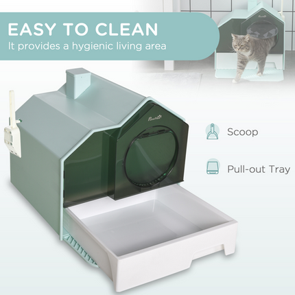 PawHut Hooded Cat Litter Tray – Scoop, Drawer Pan & Handle – Light Blue
