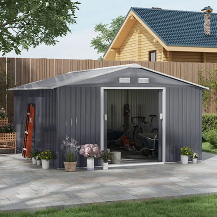 13x11FT Grey Steel Garden Shed – Outdoor Storage House with Foundation and Ventilation
