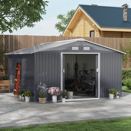 13x11FT Grey Steel Garden Shed – Outdoor Storage House with Foundation and Ventilation