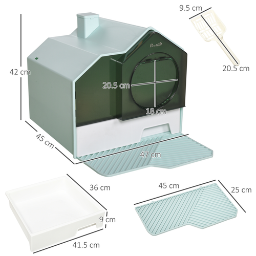 PawHut Hooded Cat Litter Tray – Scoop, Drawer Pan & Handle – Light Blue