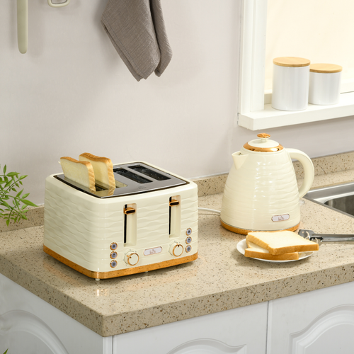 HOMCOM 1.7L Rapid Boil Kettle & 4-Slice Toaster Set – Beige