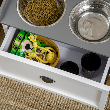 Elevated Dog Bowls with 21L Storage Drawer – For Large Dogs & Cats – White