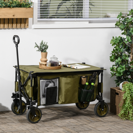 Folding Garden Camping Trolley – Collapsible Steel Cart with Folding Board – Green