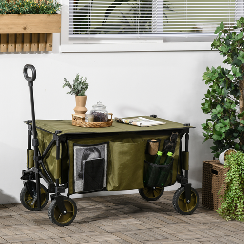Folding Garden Camping Trolley – Collapsible Steel Cart with Folding Board – Green