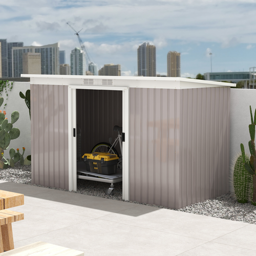 Light Grey Metal Storage Shed with Sloped Roof – Outdoor Tool Storage Box / Container