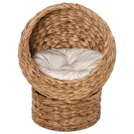 Natural Rattan Cat Bed – Raised Basket with Cushion for Small Pets