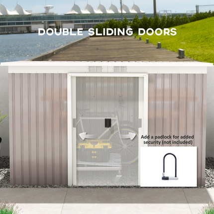 Light Grey Metal Storage Shed with Sloped Roof – Outdoor Tool Storage Box / Container