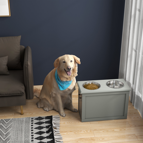 Raised Pet Feeding Station – Two Bowls with Storage Drawer – Grey