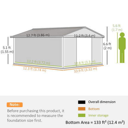 13x11FT Grey Steel Garden Shed – Outdoor Storage House with Foundation and Ventilation