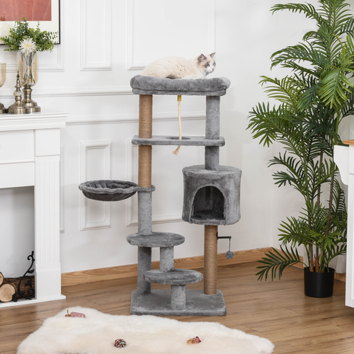Cat Tree Tower with Scratching Post, Hammock, Hanging Ball, Condo & Teasing Rope