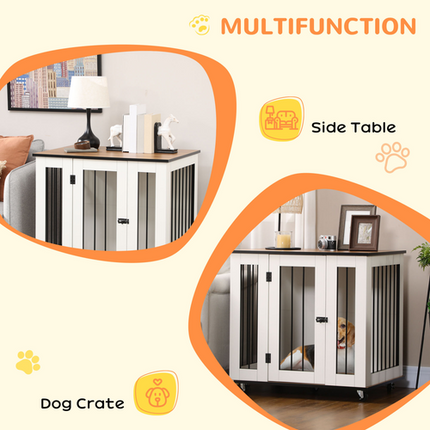 Dog Crate Furniture with Wheels – For Medium Dogs – 80 x 60 x 76.5 cm – White