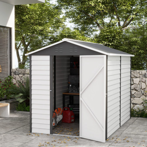 Outsunny 9x6FT Galvanised Metal Garden Shed – Grey Tool Storage House for Patio