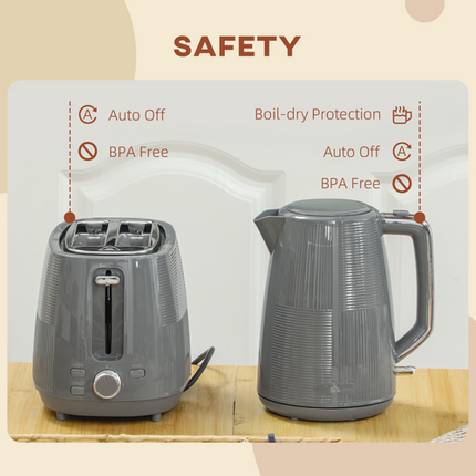 HOMCOM 1.7L Electric Kettle & 2-Slice Water Toaster Set – Fast Boil – Grey