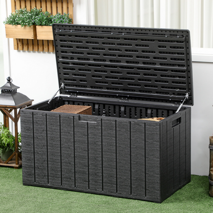 Black 336L Plastic Outdoor Storage Box with Wheels – Weatherproof Garden Container