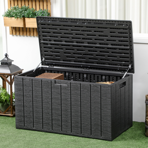 Black 336L Plastic Outdoor Storage Box with Wheels – Weatherproof Garden Container