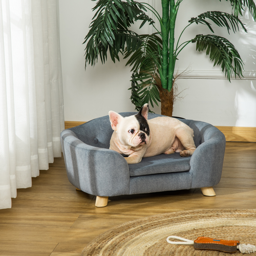 PawHut Short Plush Pet Sofa – Small Dog Couch – 70 × 47 × 30 cm – Grey