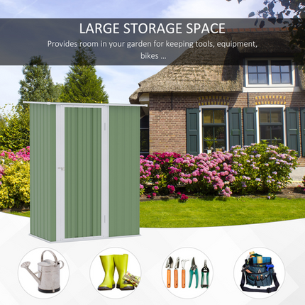Green Metal Garden Shed 142x84x189 cm – Sloped Roof, Lockable Door, Outdoor Storage Unit