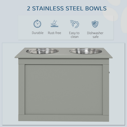 Raised Pet Feeding Station – Two Bowls with Storage Drawer – Grey
