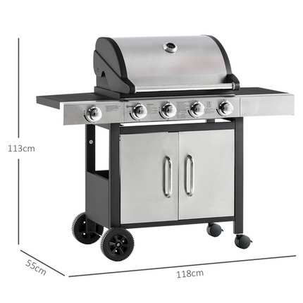 Outsunny 4+1 Burner Gas BBQ Trolley Grill - Stainless Steel 128x50x113cm