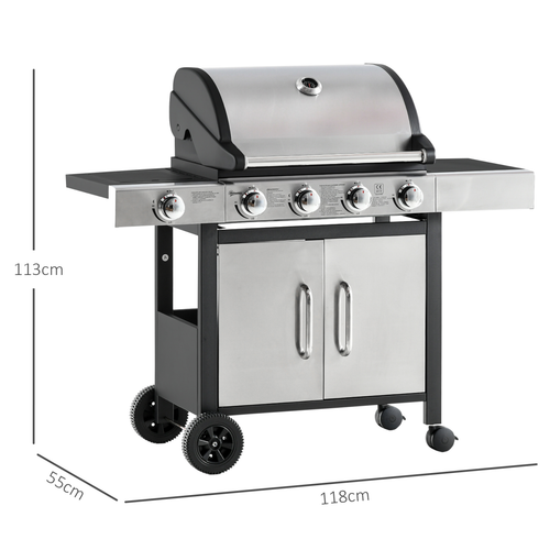 Outsunny 4+1 Burner Gas BBQ Trolley Grill - Stainless Steel 128x50x113cm