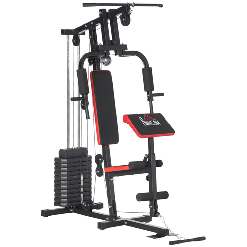 HOMCOM Multi-Station Home Gym – 66kg Weight Stack for Strength Training, Red