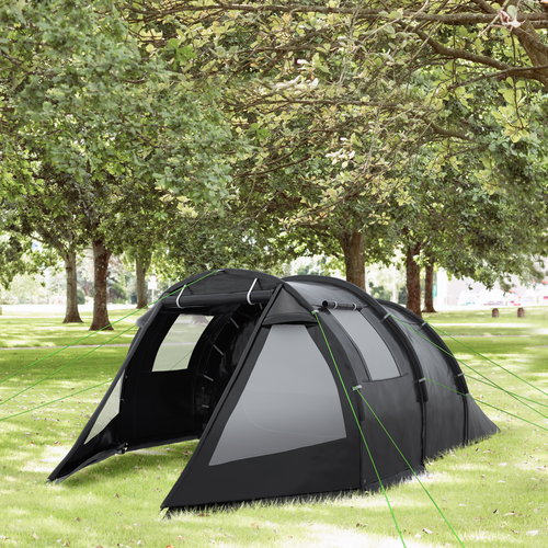 Outsunny 3–4 Person Tunnel Tent – 2-Room Camping Tent with Windows – Black