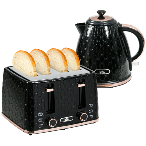 HOMCOM 1.7L Kettle and 4-Slice Toaster Set – Black – With Defrost, Reheat & Crumb Tray