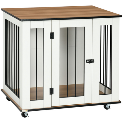 Dog Crate Furniture with Wheels – For Medium Dogs – 80 x 60 x 76.5 cm – White