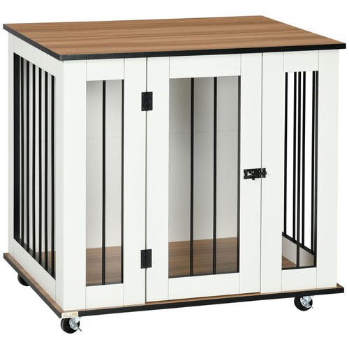 Dog Crate Furniture with Wheels – For Medium Dogs – 80 x 60 x 76.5 cm – White