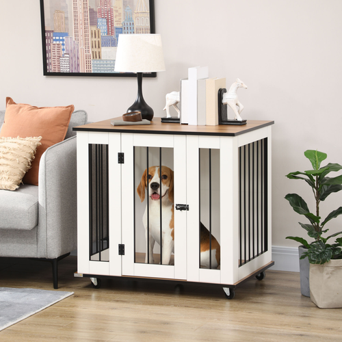 Dog Crate Furniture with Wheels – For Medium Dogs – 80 x 60 x 76.5 cm – White