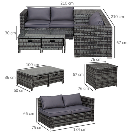 4-Piece Rattan Sofa Set with Storage Table and Cushions – Corner Trunk Style – Grey