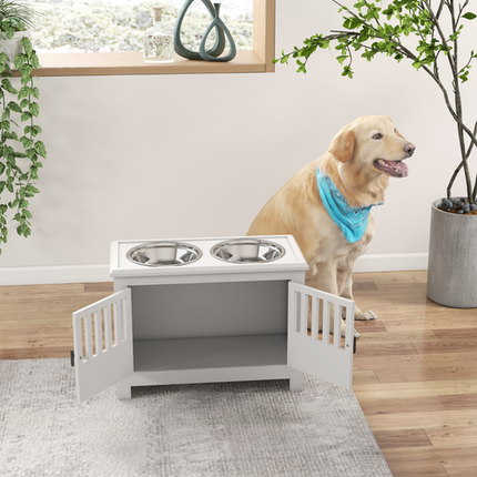 PawHut Raised Dog Bowls – Feeding Station with Stand & Storage for Large Dogs – White