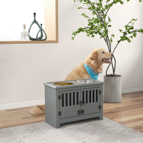 PawHut Raised Dog Bowls – Feeding Station with Stand & Storage – Grey – Large Dogs
