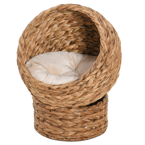 Natural Rattan Cat Bed – Raised Basket with Cushion for Small Pets
