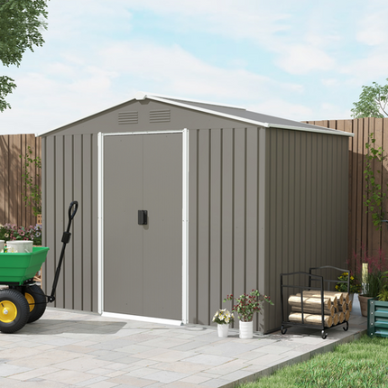 Outsunny 8x6FT Metal Garden Shed – Double Sliding Door Outdoor Storage House, Light Grey