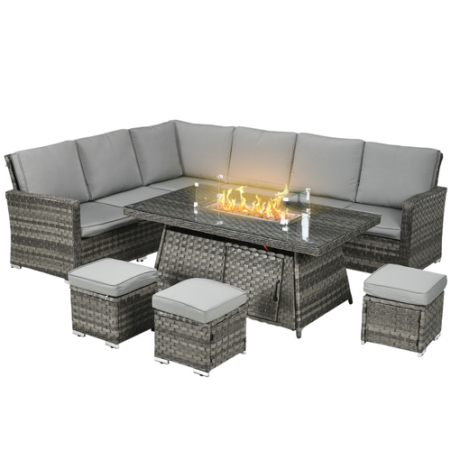 Outsunny 7-Piece Rattan Garden Furniture Set with 50,000 BTU Gas Fire Pit Table