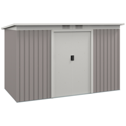 Light Grey Metal Storage Shed with Sloped Roof – Outdoor Tool Storage Box / Container
