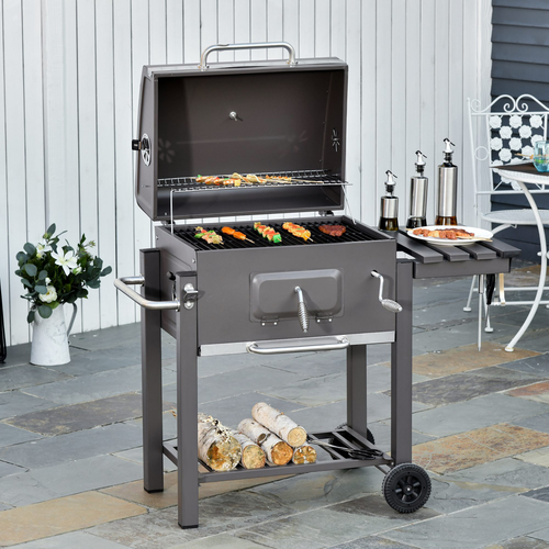 Outsunny Charcoal BBQ Grill Trolley with Shelf, Side Thermometer - Black Steel