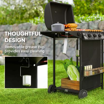 Outsunny 4 Burner Gas BBQ Grill with Lid - Portable Outdoor Grill - Black